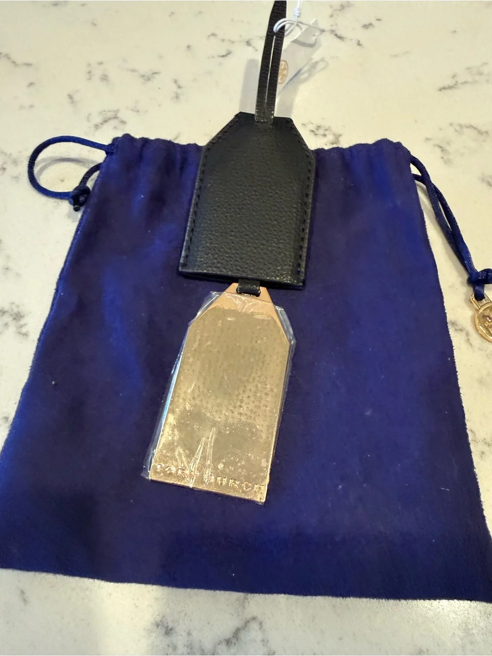 Tory Burch Black Pebbled Leather Tag with Gold-Tone Logo Plate